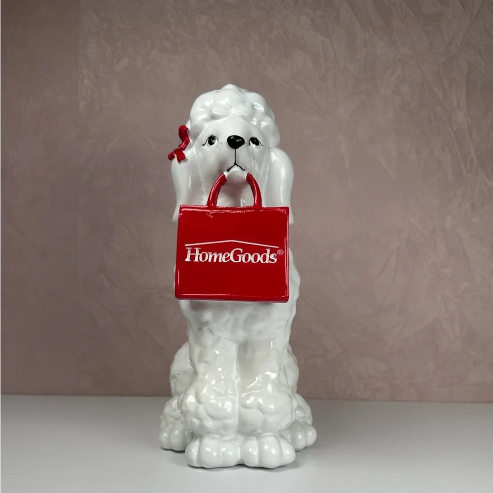 HomeGoods White Poodle Figurine with Red HomeGoods Bag